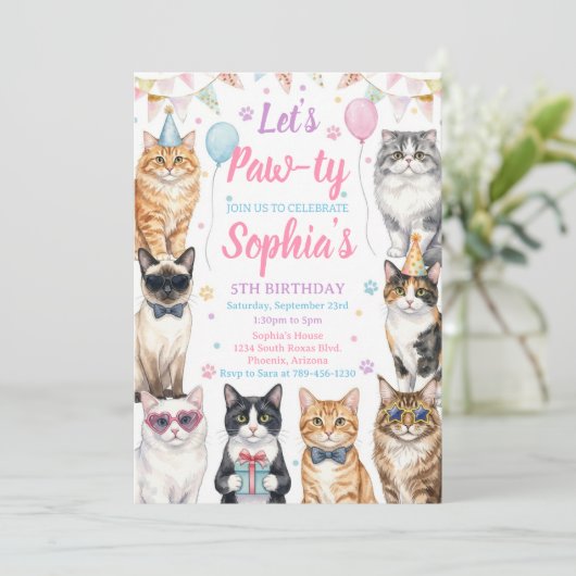 Cat Birthday Invitation Kitten Party Pawty Girl (Debout devant)