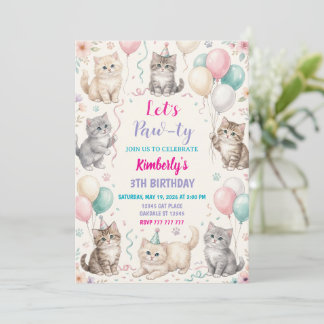 Cat Birthday Invitation Kitten Party Pawty Girl Kaart