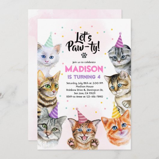 Cat Birthday Invitation Kitten Party Pawty Girl Kaart (Voorkant / Achterkant)
