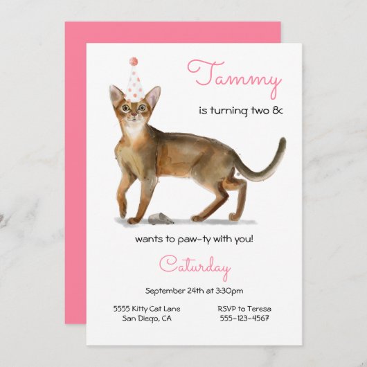 Cat Birthday Party Invitation Kaart (Voorkant / Achterkant)