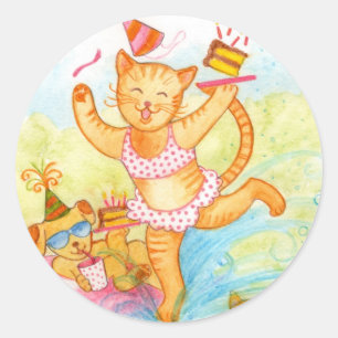 Cat Birthday Pool Party Ronde Sticker