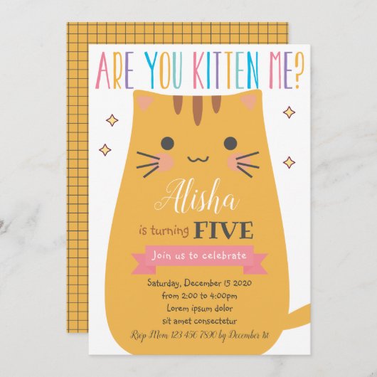 Cat Birthday Uitnodiging (Voorkant / Achterkant)