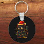 Cat Black Christmas Tree Lights Funny Santa Kitten Sleutelhanger (Voorkant)