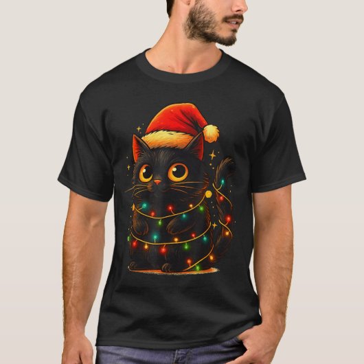 Cat Black Christmas Tree Lights Funny Santa Kitten T-shirt (Voorkant)
