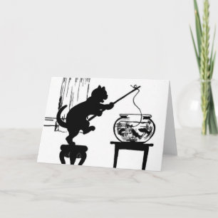 Cat Black/White Silhouette Fishing in Fish Bowl Kaart