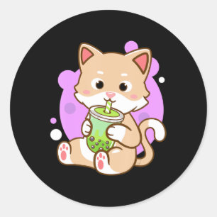 Cat Boba Kawaii Bubble Tea Anime Neko Girls Teenag Ronde Sticker