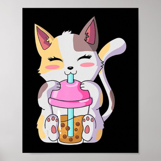 Cat Boba Tea Bubble Tea Anime Kawaii Neko voor jon Poster (Voorkant)