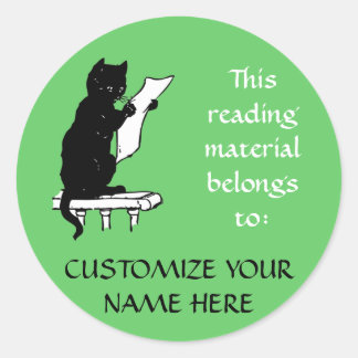 Cat Bookplate lezen Sticker in Light Green