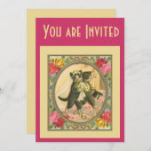 Cat Bride and Groom Wedding Invitation pink yellow (Devant / Derrière)