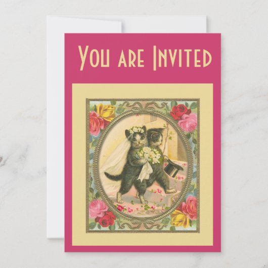 Cat Bride and Groom Wedding Invitation pink yellow Kaart (Voorkant)