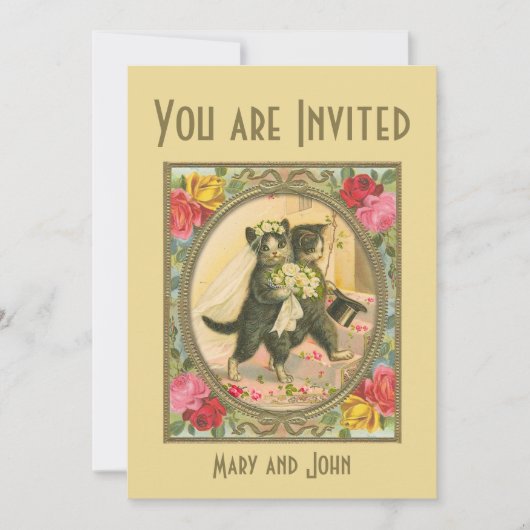 Cat Bride and Groom yellow wedding invitation Kaart (Voorkant)