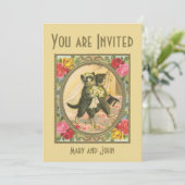 Cat Bride and Groom yellow wedding invitation Kaart (Staand voorkant)