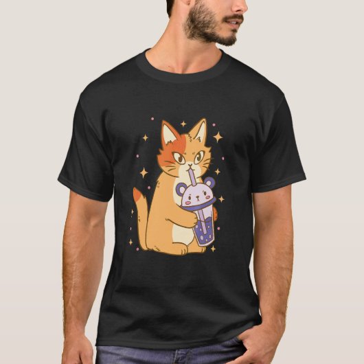 Cat Bubble Tea Cool Retro Fun Weird Bizarre Art T-shirt (Voorkant)