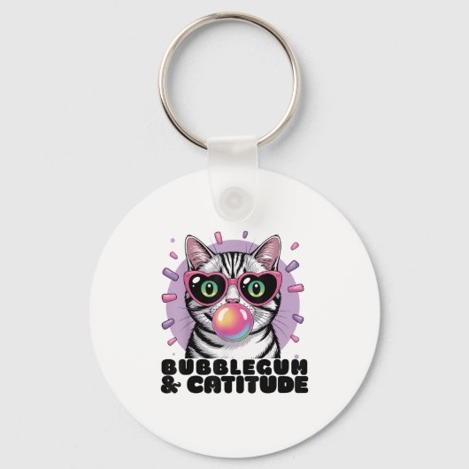 Cat Bubblegum Funny Pop Zonnebril Hart Ogen Sleutelhanger (Voorkant)