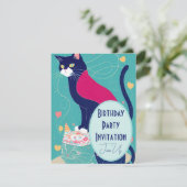 Cat cape verjaardagsfeest uitnodiging turquoise na (Staand voorkant)