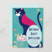 Cat cape verjaardagsfeest uitnodiging turquoise na (Voorkant / Achterkant)