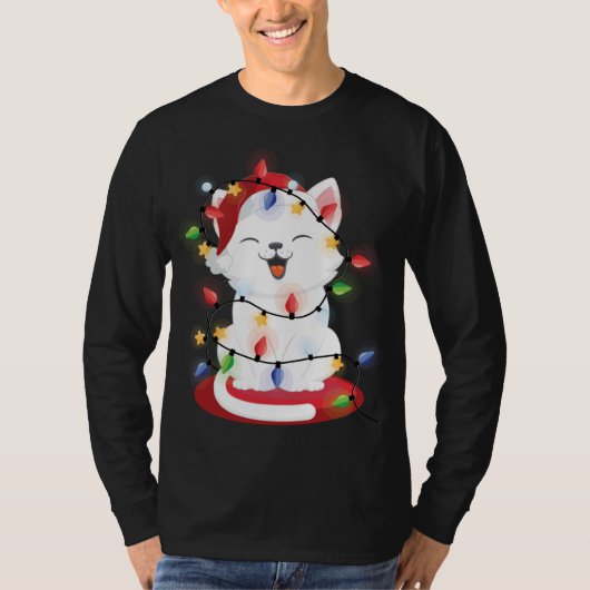 Cat Christmas Lights kat Portretsneeuw T-shirt (Voorkant)