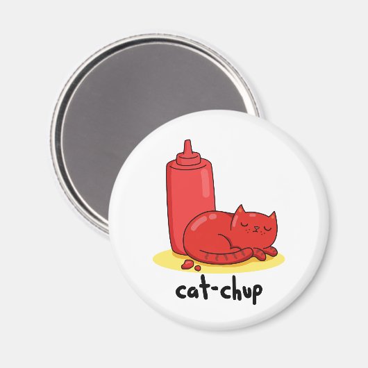 Cat-chup Funny Red Ketchup Cat Pun Magneet (Voorkant / Achterkant)