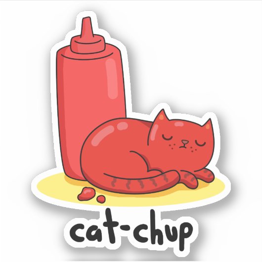 Cat-chup Funny Red Ketchup Cat Pun Sticker (Voorkant)