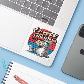 Cat Coffee morning Sticker (Laptop met iPhone)