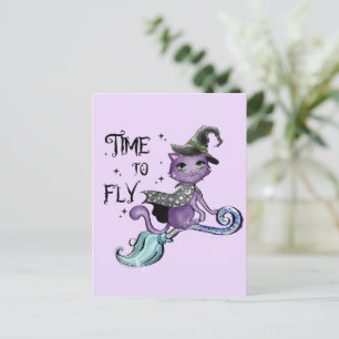 Cat Cute Flying Witch Cat Vliegtijd Briefkaart