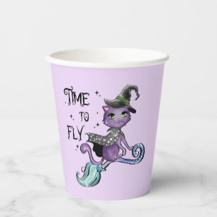 Cat Cute Flying Witch Cat Vliegtijd Papieren Bekers