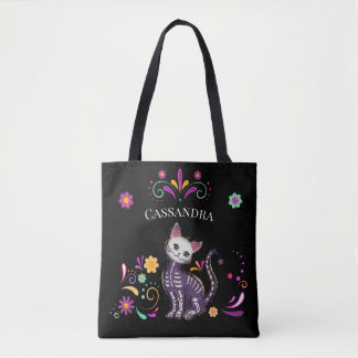 Cat Cute Spooky Cat met kleurrijke bloemen Draagtas