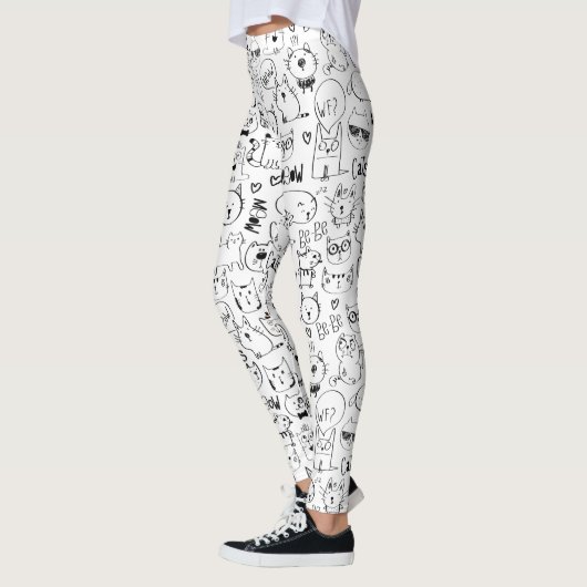 Cat Doodles, Funny Black and White Katten Pattern Leggings (Links)