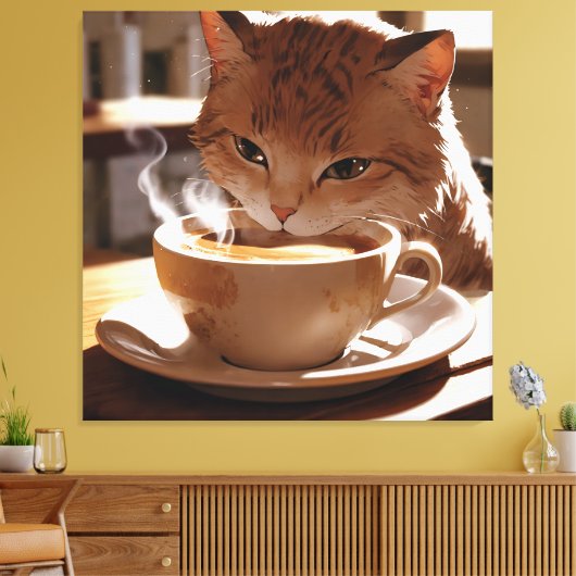 Cat drinking coffee from a cup canvas afdruk (Insitu (Woonkamer))