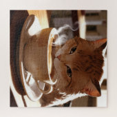 Cat drinking coffee from a cup legpuzzel (Horizontaal)