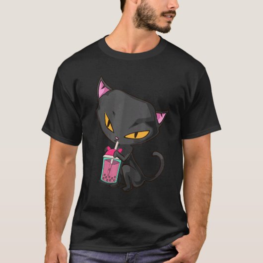 Cat drinking pink Boba Tea T-shirt (Voorkant)