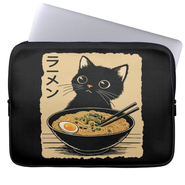 Cat eating ramen  laptop sleeve (Voorkant)