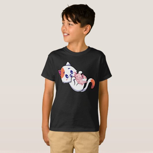 Cat en Axolotl Kawaii Neko Anime Boy T-shirt (Voorkant volledig)