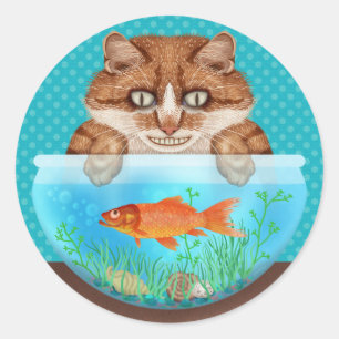 Cat en Goldfish Bowl Funny Hungry Grinning Kat Ronde Sticker