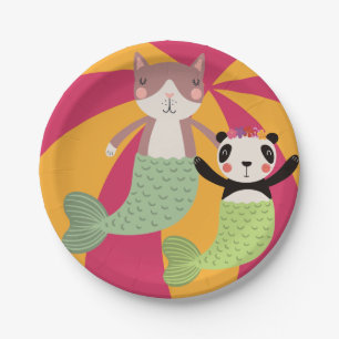 Cat en Panda Summer Mermaids Papieren Bordje