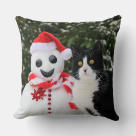Cat en Santa Snowman Kerstmis Foto Kussen