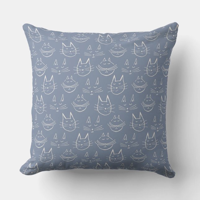 Cat Faces Denim Blue Kussen (Voorkant)