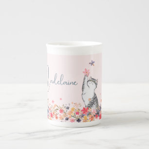 Cat Floral Pink Whimsical Hot Chocolade Porselein Kop