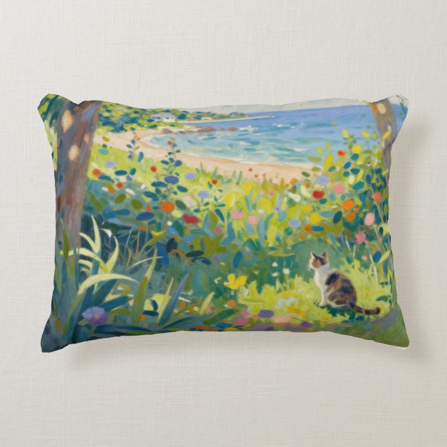 Cat Flowers And Sea Accent Kussen (Voorkant)