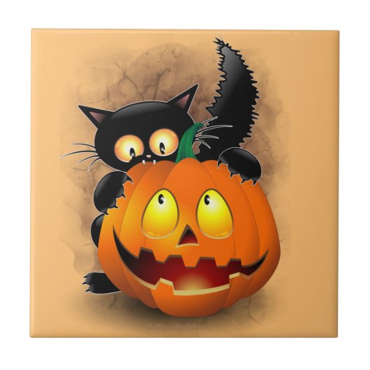 Cat Fun Halloween Character biting a Pumpkin  Tegeltje (Voorkant)