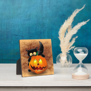 Cat Fun Halloween Character die op een pompoen tik Fotoplaat