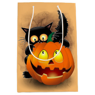 Cat Fun Halloween Character die op een pompoen tik Medium Cadeauzakje