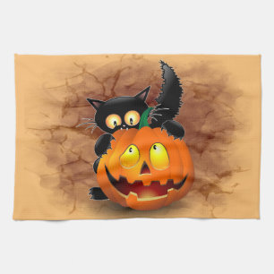 Cat Fun Halloween Character die op een pompoen tik Theedoek