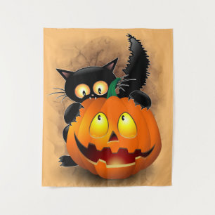Cat Fun Halloween Character die op een pompoen tik Wandkleed