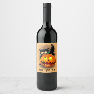 Cat Fun Halloween Character die op een pompoen tik Wijn Etiket