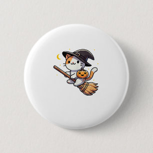 Cat Funny Witch Halloween Kostuum Bezem Stick Jong Ronde Button 5,7 Cm