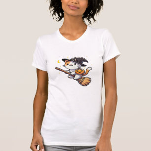 Cat Funny Witch Halloween Kostuum Bezem Stick Jong T-shirt