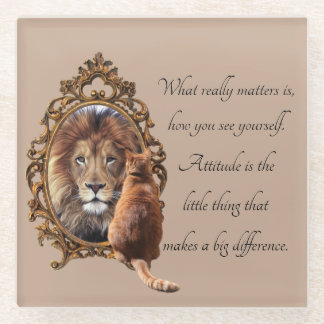 Cat Gazing Mirror Lion Inspirerend tekst Glazen Onderzetter