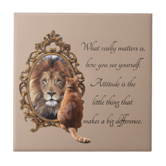 Cat Gazing Mirror Lion Inspirerend tekst Tegeltje