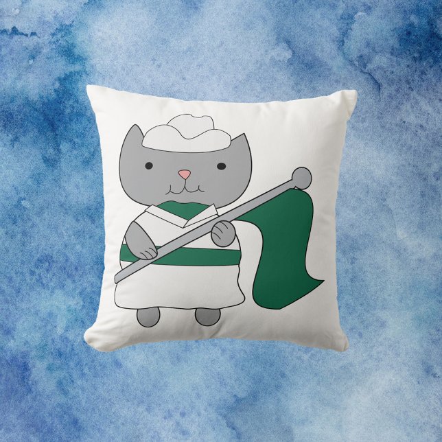 Cat Green White Color Guard Kussen (A cute pillow with a gray cat wearing a green and white color guard uniform.)
